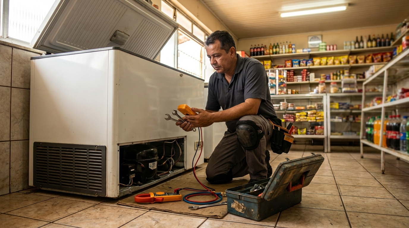 Profissional executando manutenção no motor de freezer em Jaboatão dos Guararapes‑PE